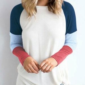 Multicolor sleeve cotton O neck shirt